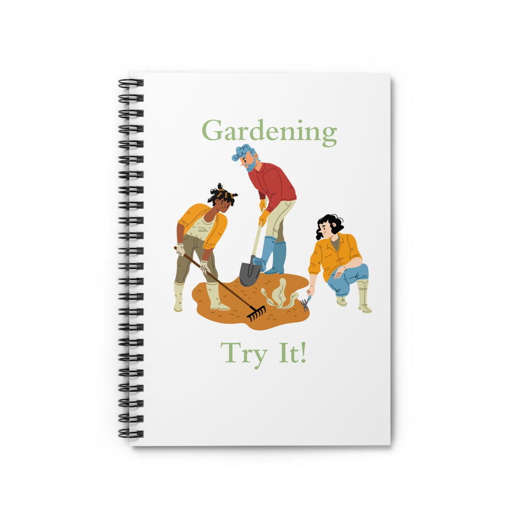 Notebook with gardening illustration and text on a white background