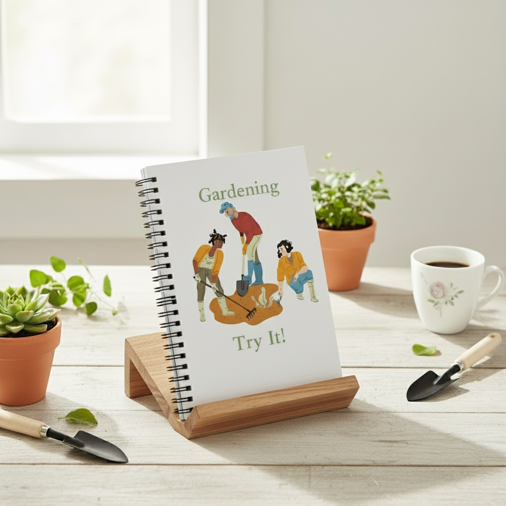 Notebook with gardening illustration on a table with plants and a cup of coffee