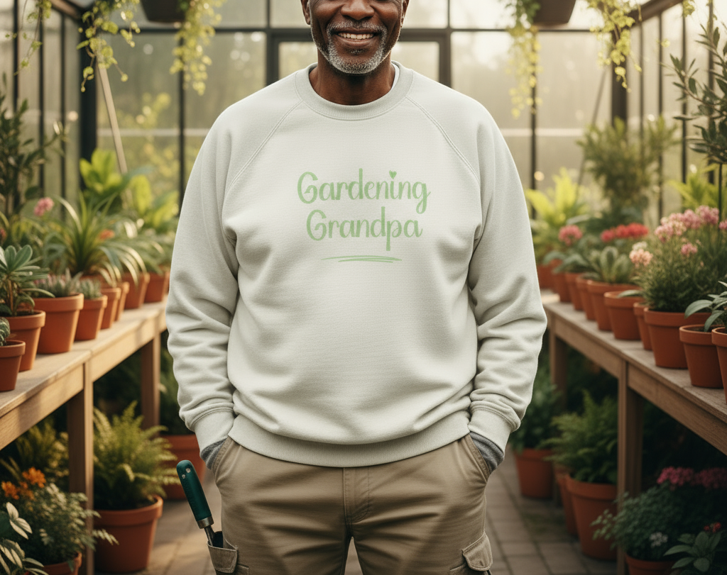 Man wearing a 'Gardening Grandpa' sweatshirt in a greenhouse filled with plants.