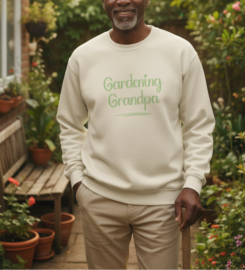 Man wearing a 'Gardening Grandpa' sweatshirt in a garden setting