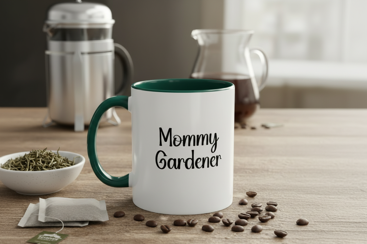 Mug with 'Mommy Gardener' text on a table with coffee beans and tea leaves.