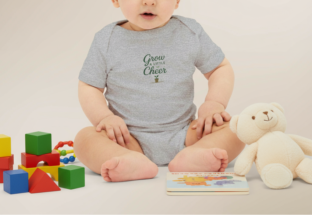 Baby sitting on a light-colored floor with toys and a teddy bear, wearing a gray onesie with text.