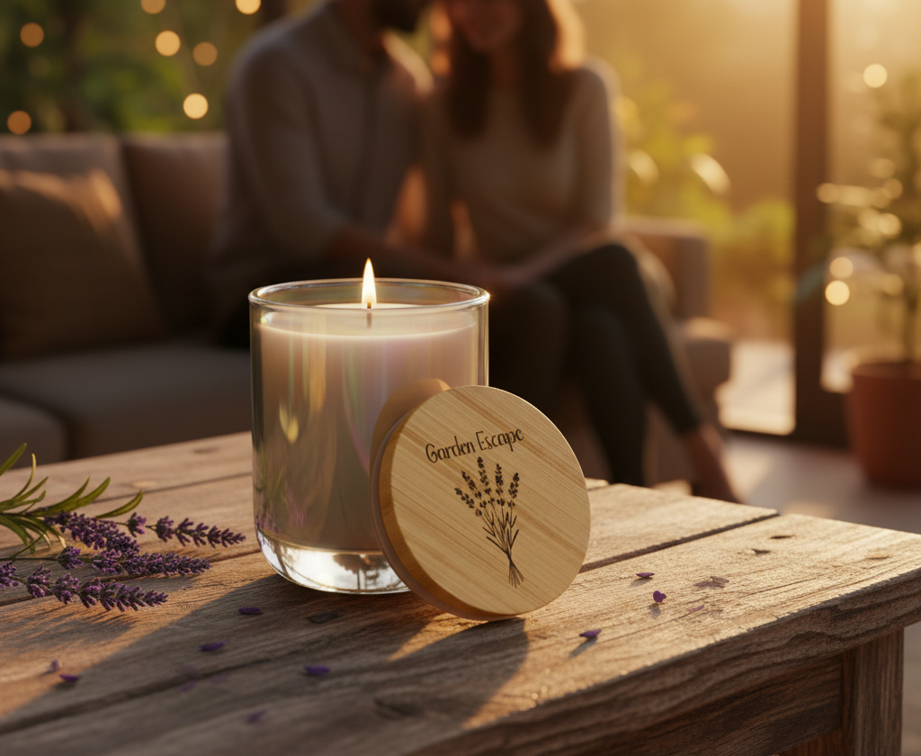 Candle with a wooden coaster labeled 'Garden Escape' on a wooden table with blurred people in the background.