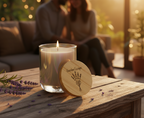 Candle with a wooden coaster labeled 'Garden Escape' on a wooden table with blurred people in the background.