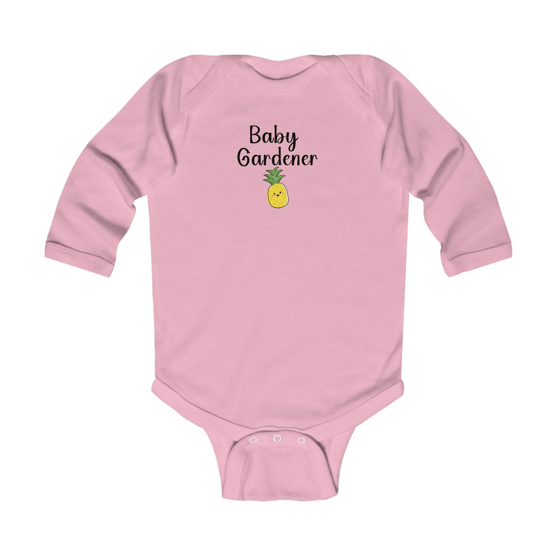Pink baby onesie with 'Baby Gardener' and a pineapple graphic on a white background
