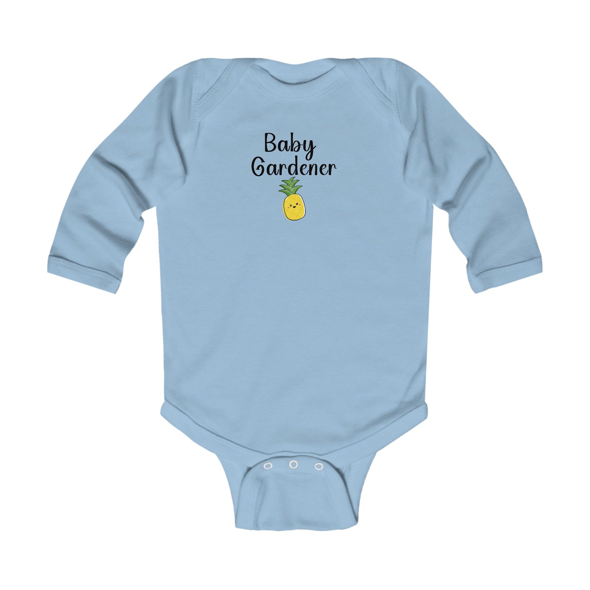 Light blue baby onesie with 'Baby Gardener' and a pineapple graphic on a white background