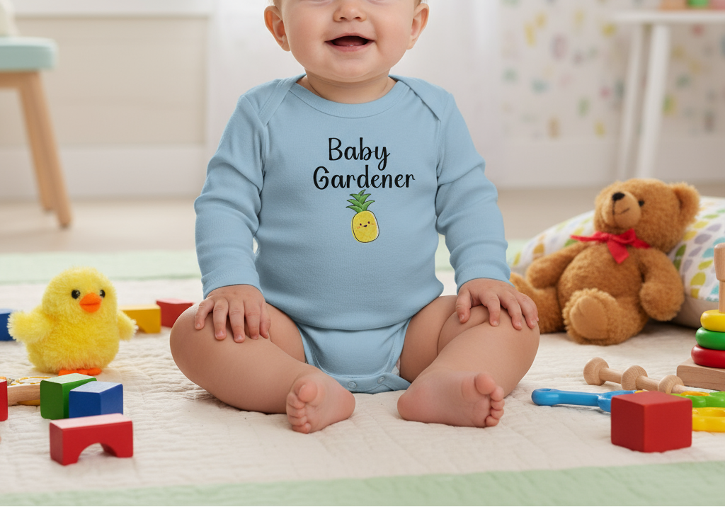 Baby wearing a blue 'Baby Gardener' onesie in a playroom with toys and a teddy bear.