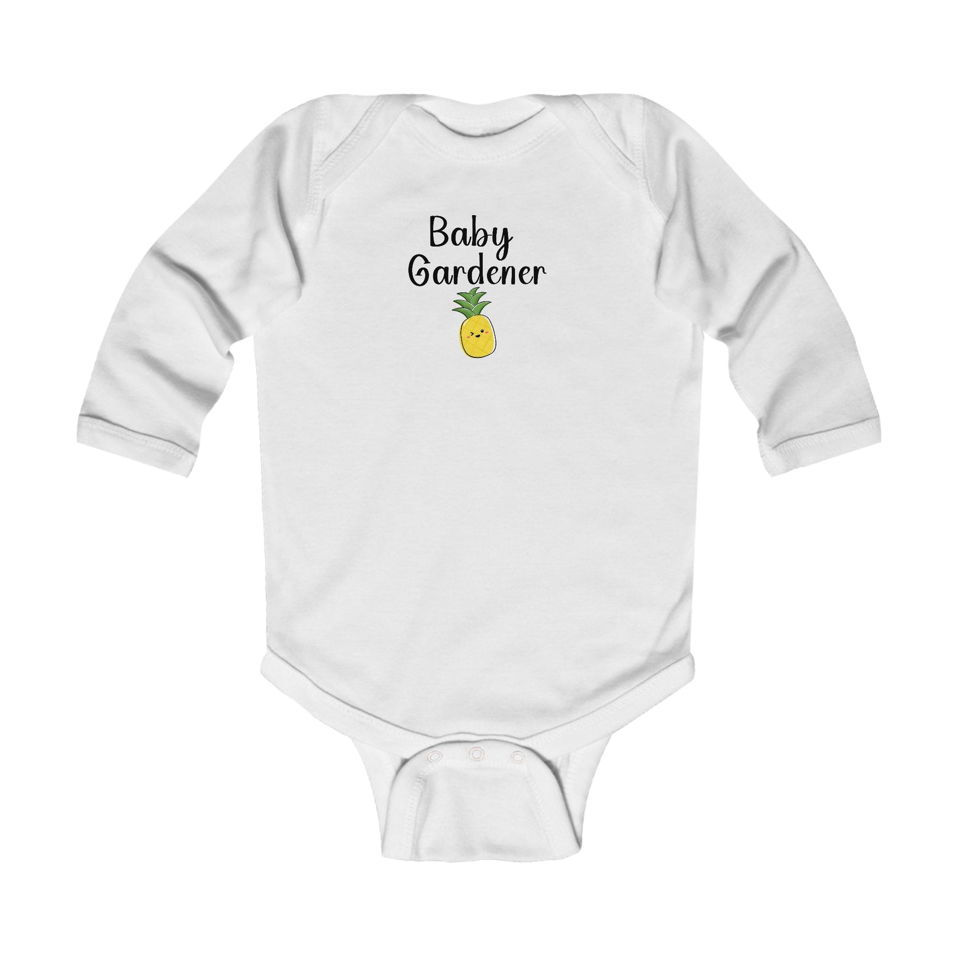 White baby onesie with 'Baby Gardener' and a pineapple graphic on a white background