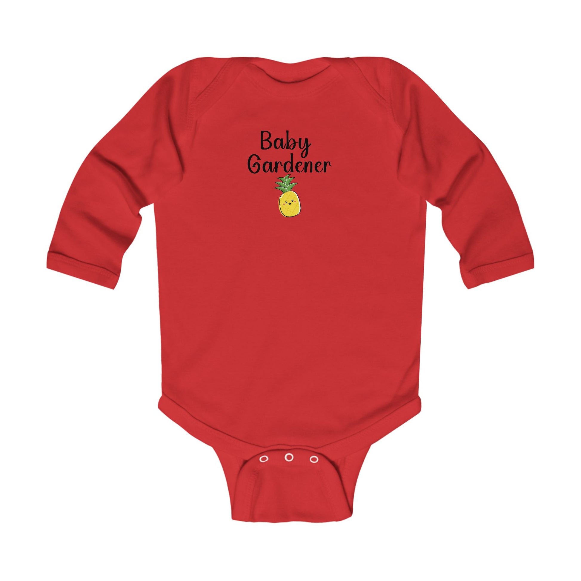 Red baby onesie with 'Baby Gardener' text and pineapple graphic on a white background
