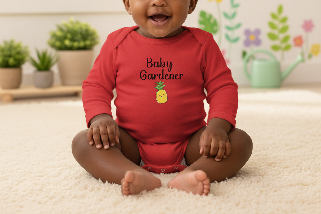 Baby wearing a red 'Baby Gardener' onesie sitting on a carpeted floor with plants and flowers in the background.