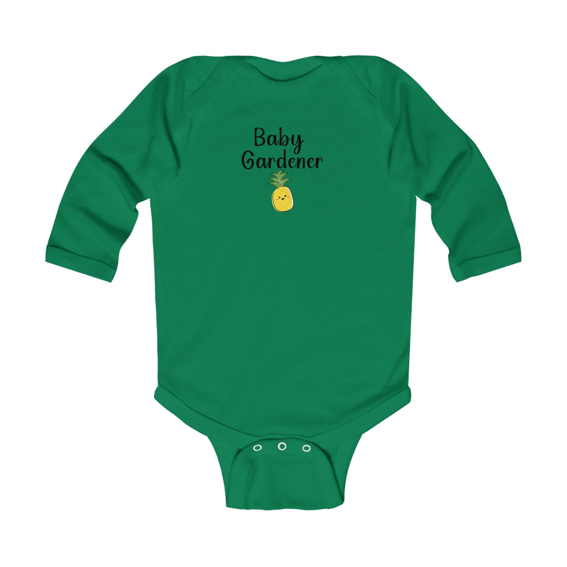 Green baby onesie with 'Baby Gardener' text and pineapple graphic on a white background