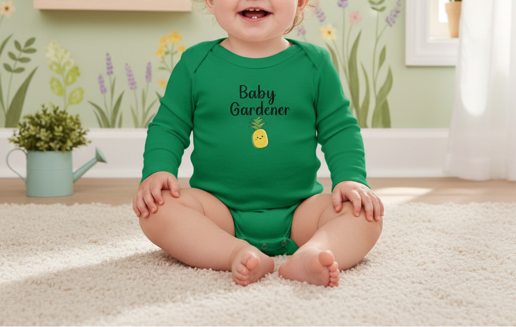 Baby wearing a green 'Baby Gardener' onesie sitting on a carpeted floor.