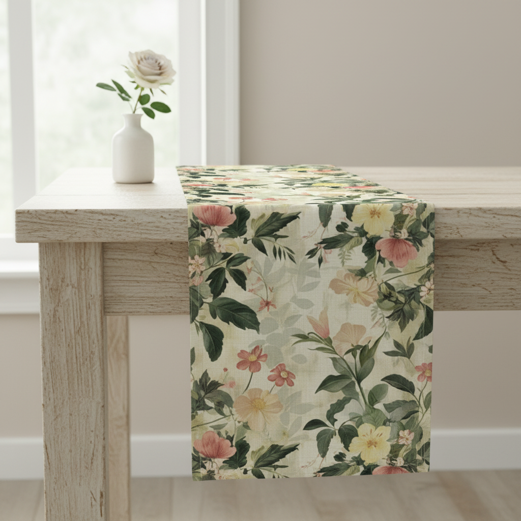 Floral table runner on a wooden table with a vase of flowers in the background.