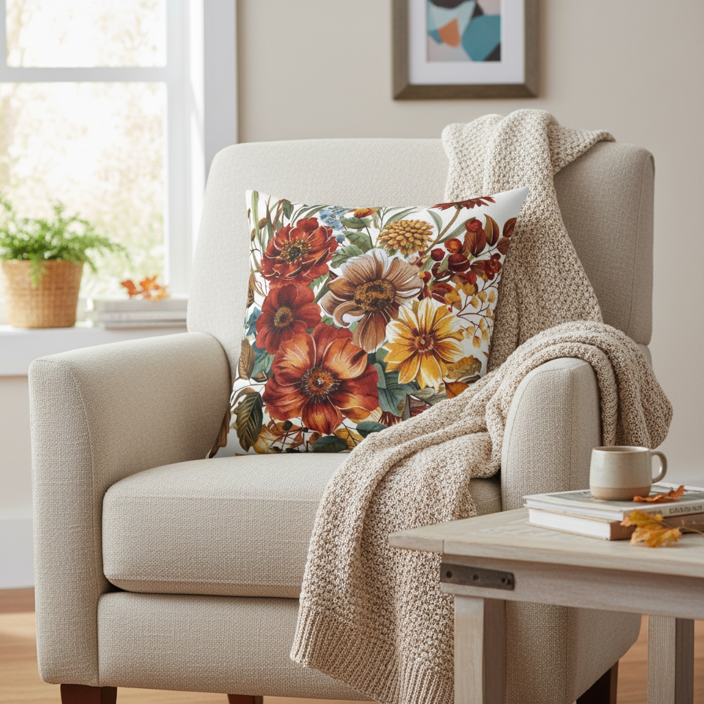 Beige armchair with a floral pillow and a blanket in a cozy living room setting.