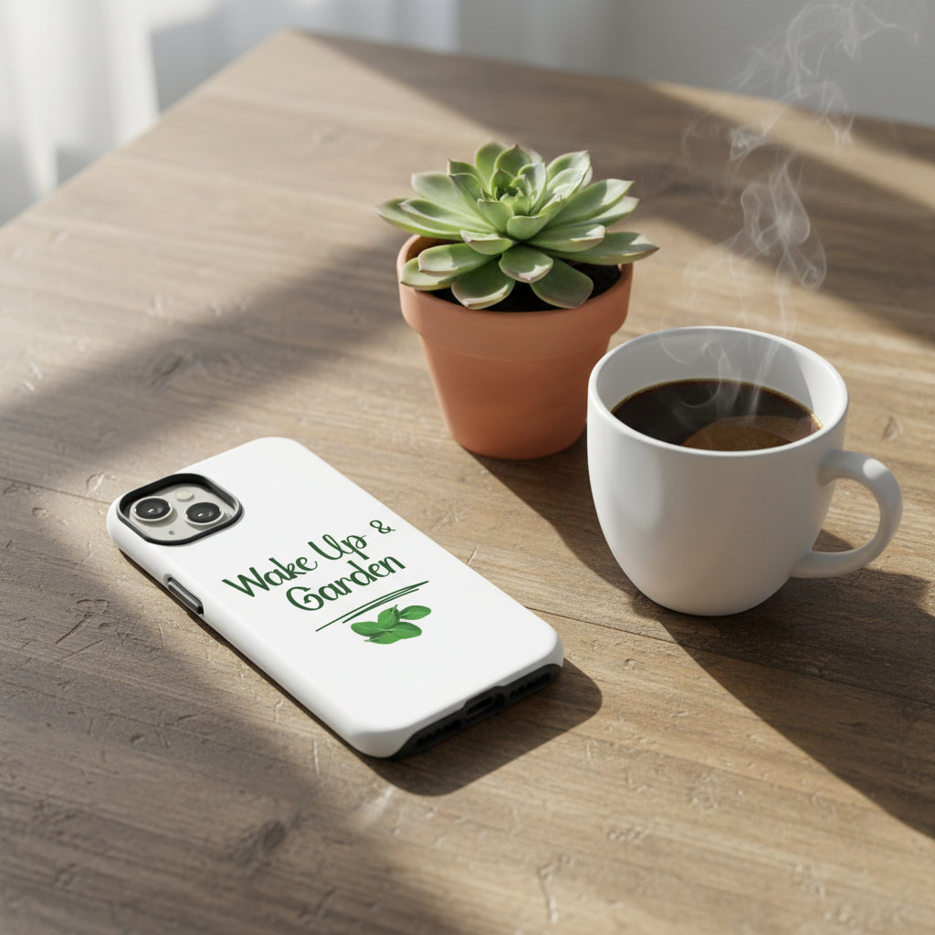 Phone case with 'Wake Up & Garden' text and leaf design on a white background