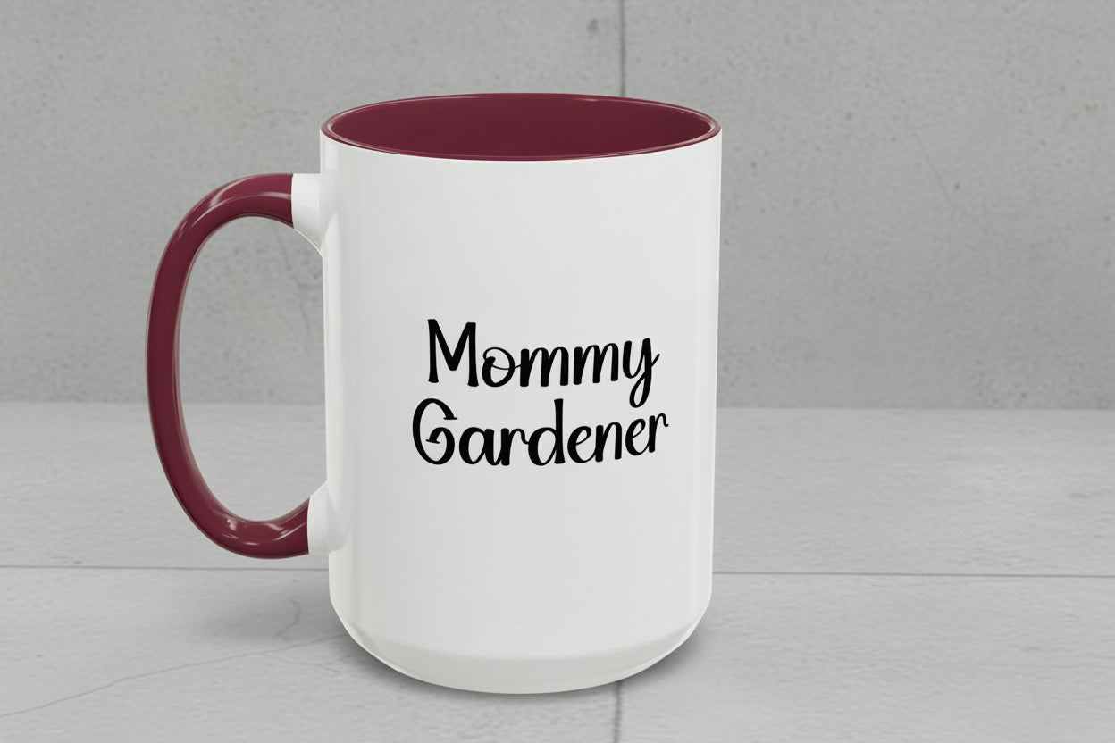 Mug with 'Mommy Gardener' text on a beige background