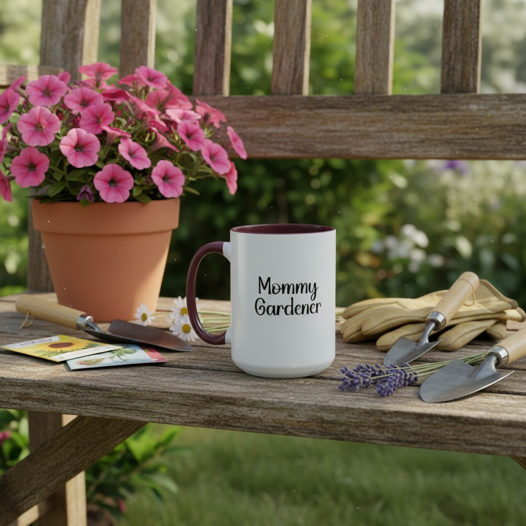 Mug with 'Mommy Gardener' text on a garden table with flowers and gardening tools.