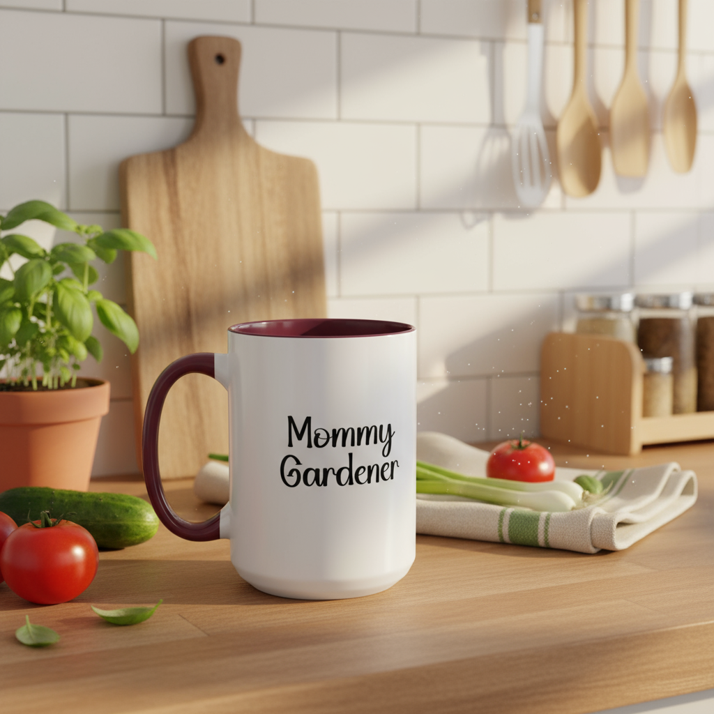 White mug with 'Mommy Gardener' text on a kitchen counter with vegetables and a cutting board.