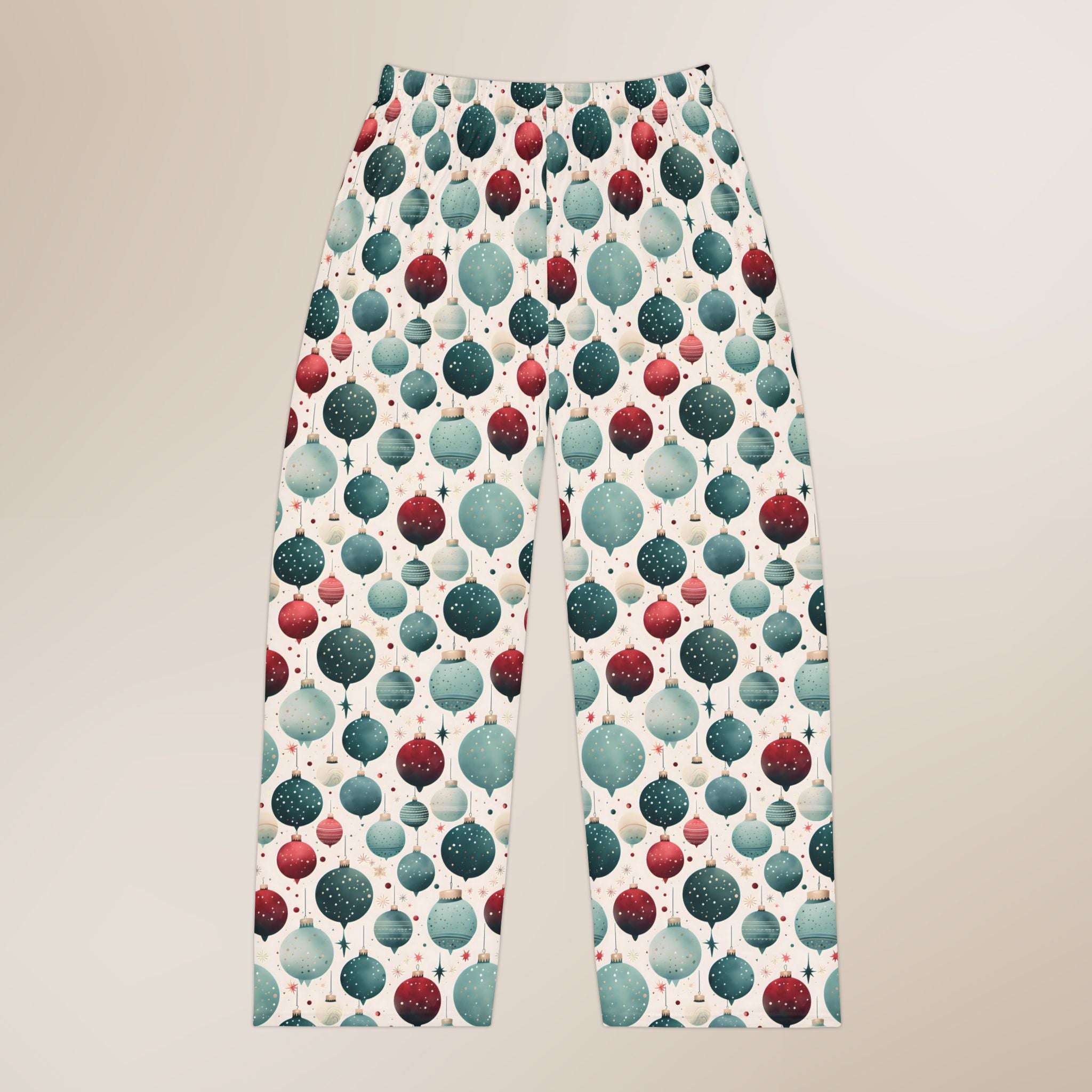 Pajama pants with a pattern of colorful baubles on a beige background