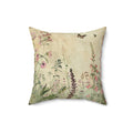 Decorative pillow with floral and butterfly design on a beige background