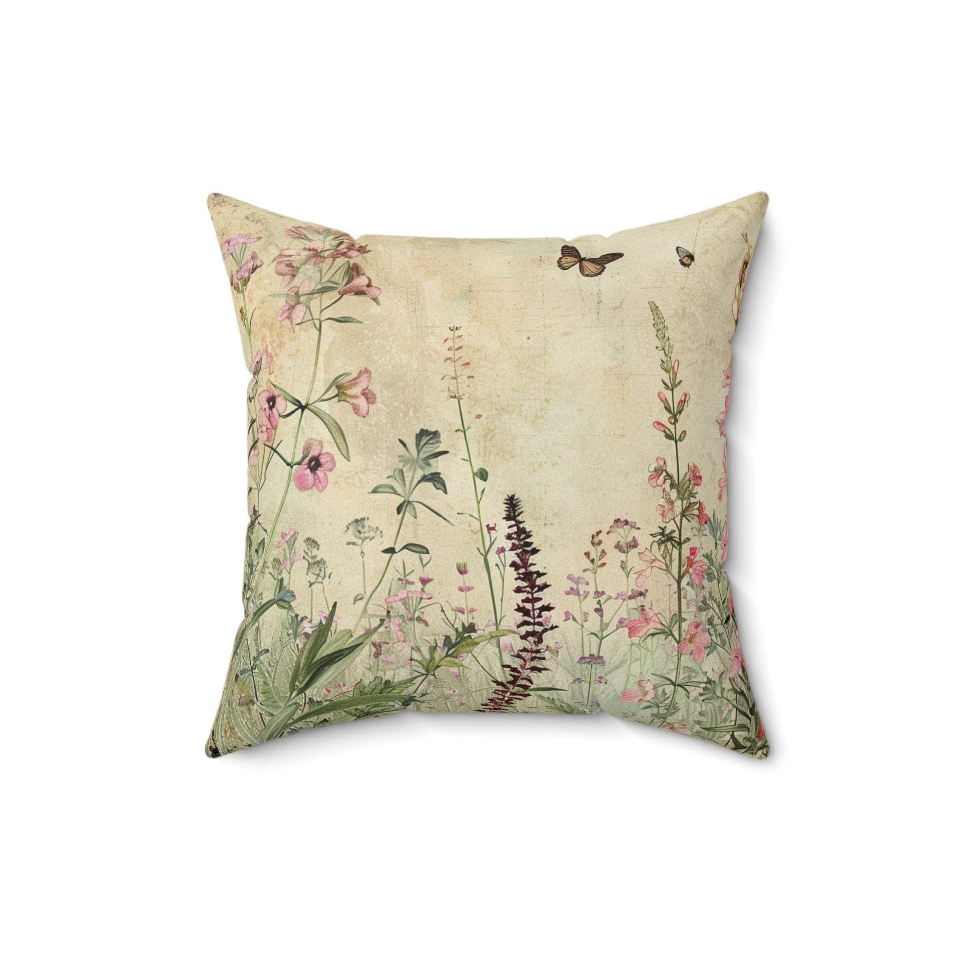 Decorative pillow with floral and butterfly design on a beige background