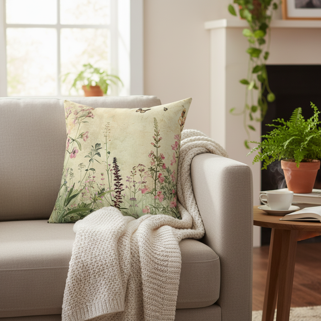 Decorative pillow with floral pattern on a gray sofa in a living room.