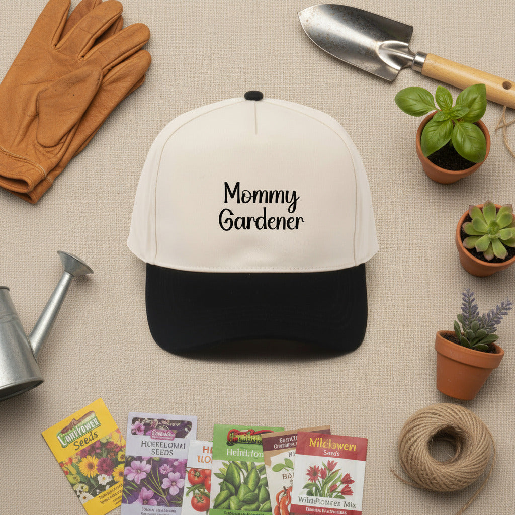 Beige and black cap with 'Mommy Gardener' text on a white background