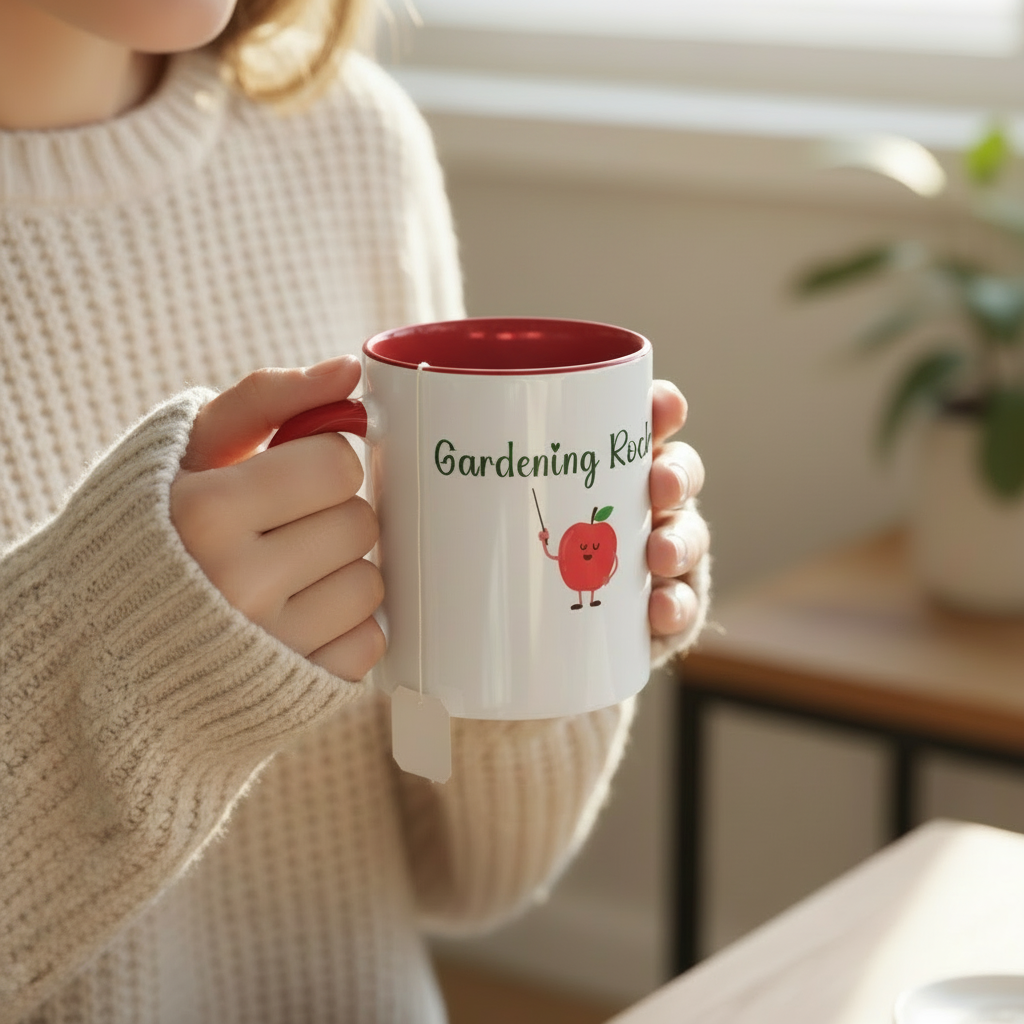 Person holding a mug with 'Gardening Rocks' and an apple design, steam rising from it.