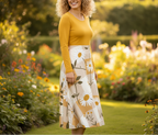 Woman in a yellow top and floral skirt standing in a garden with flowers and greenery.