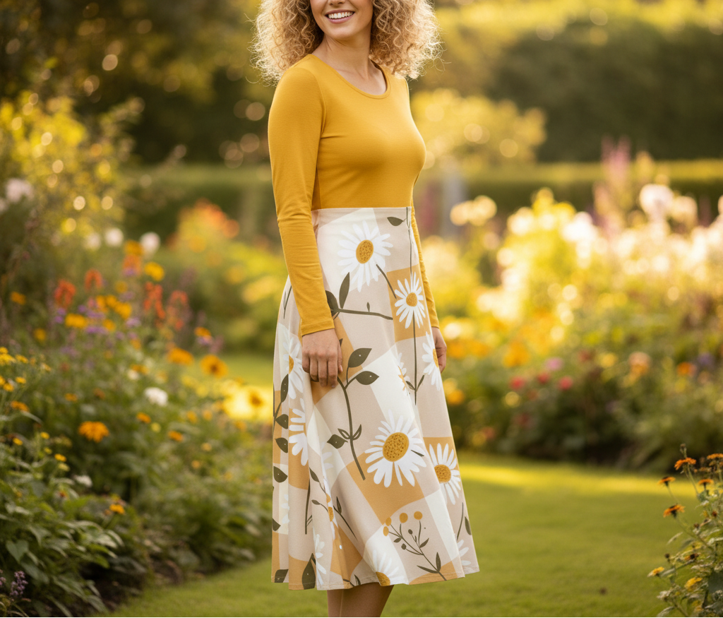 Woman in a yellow top and floral skirt standing in a garden with flowers and greenery.