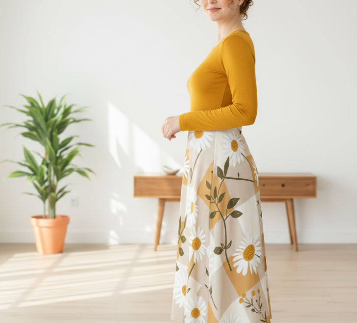 Woman wearing a mustard yellow top and floral skirt in a bright room with a plant and wooden desk.