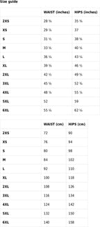 Size guide chart for waist and hips measurements in both inches and centimeters.