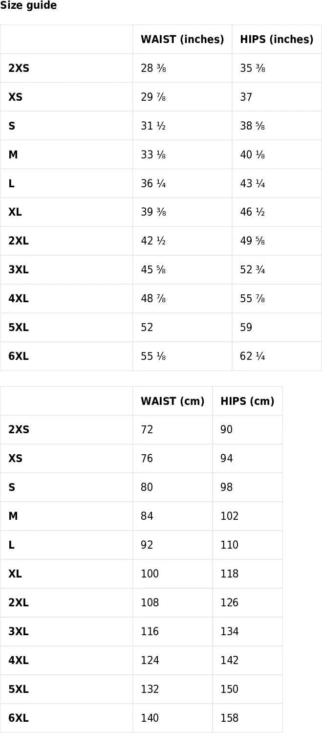Size guide chart for waist and hips measurements in both inches and centimeters.