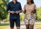 Man and woman standing outdoors in a park-like setting
