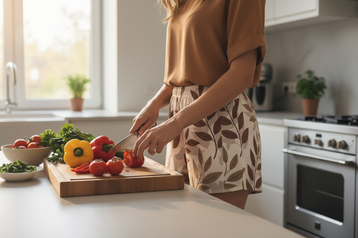 Person cutting vegetables on a wooden cutting board in a kitchen.