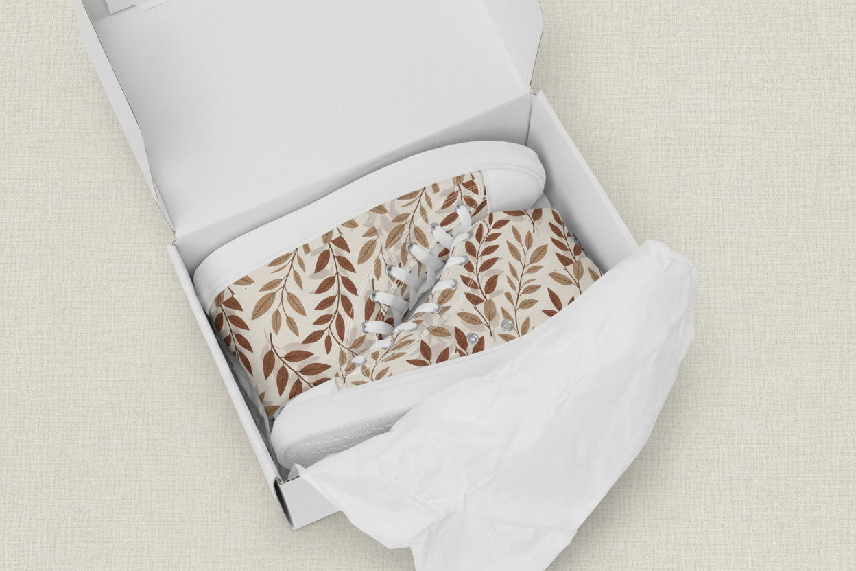 Pair of socks with leaf pattern in a white box