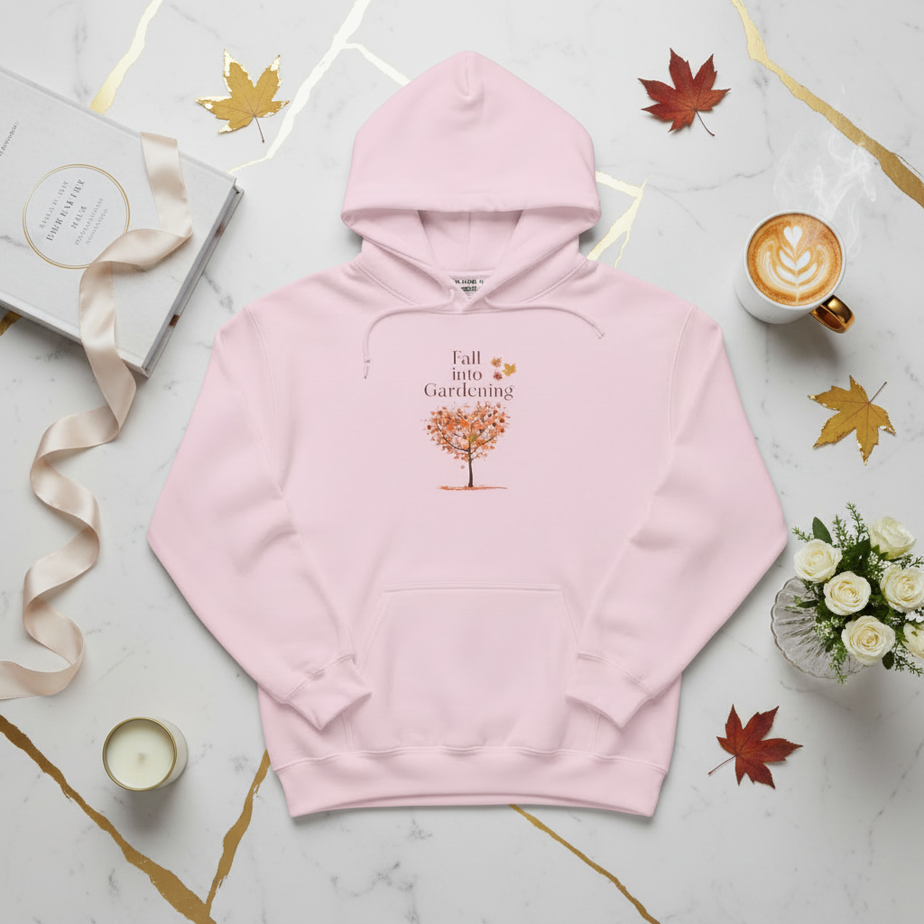 Pink hoodie with 'Fall into Gardening' text and tree graphic on a beige background
