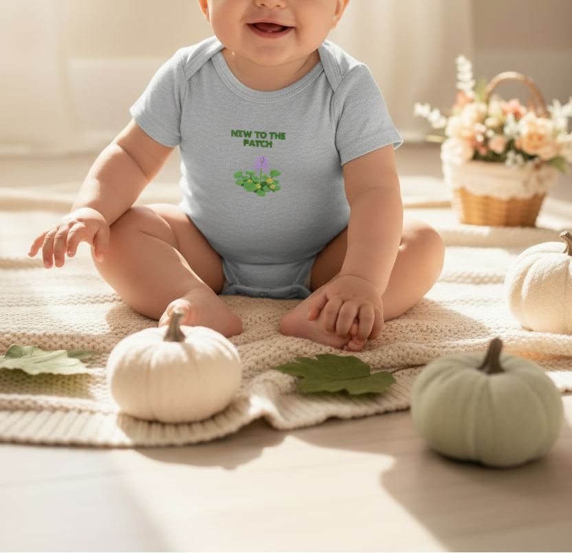 Baby wearing a onesie with text and graphics, sitting on a blanket with pumpkins and flowers.