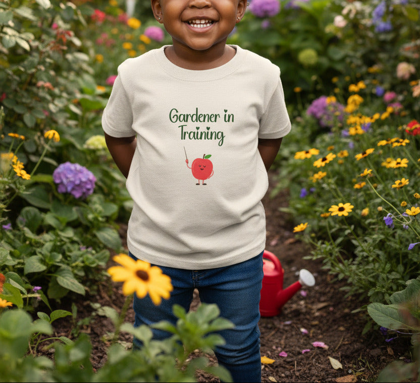 Beige t-shirt with 'Gardener in Training' text and tomato graphic on a white background