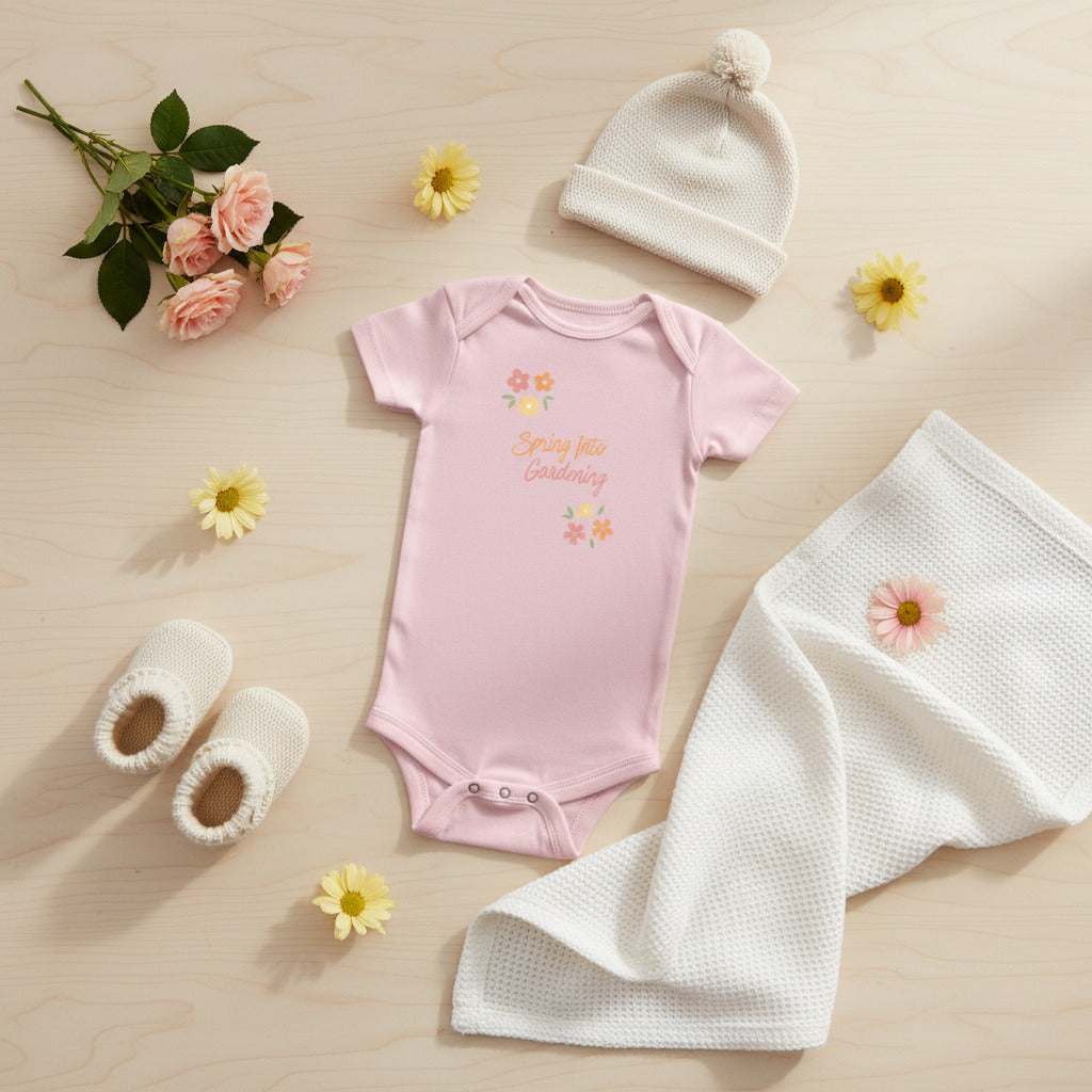 Pink baby onesie with 'Springtime Gardening' text and floral designs on a white background