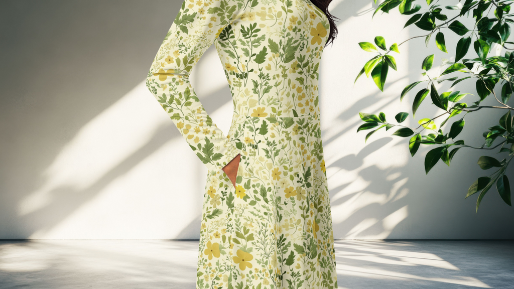 Woman wearing a floral dress with a butterfly design, standing against a white wall with green leaves.