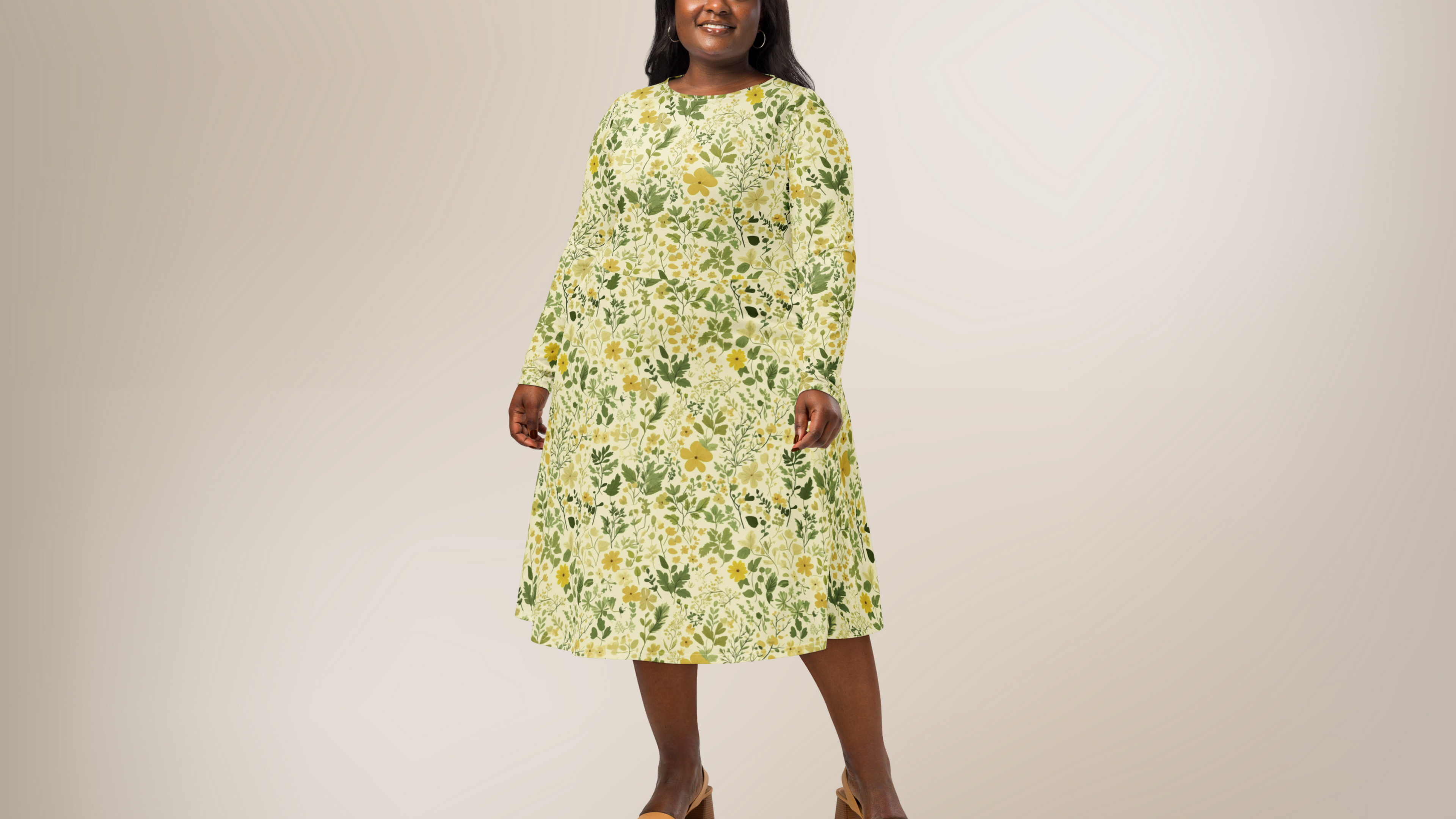 Woman wearing a floral dress on a beige background