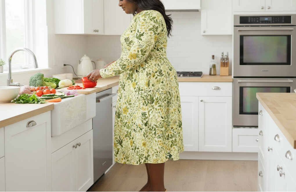 Woman in a kitchen wearing a yellow floral dress.