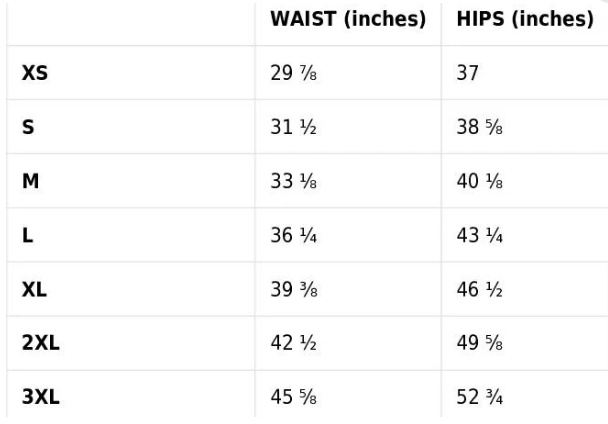 Size chart for waist and hips measurements in inches