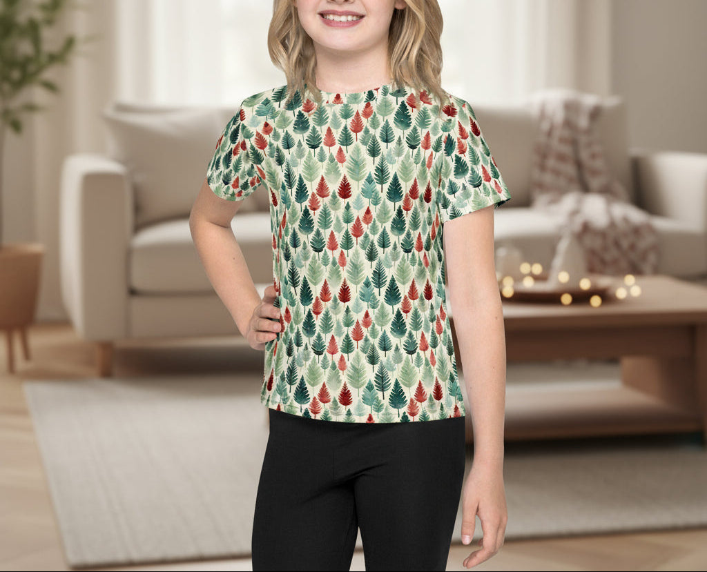 Young girl wearing a colorful patterned shirt in a living room setting