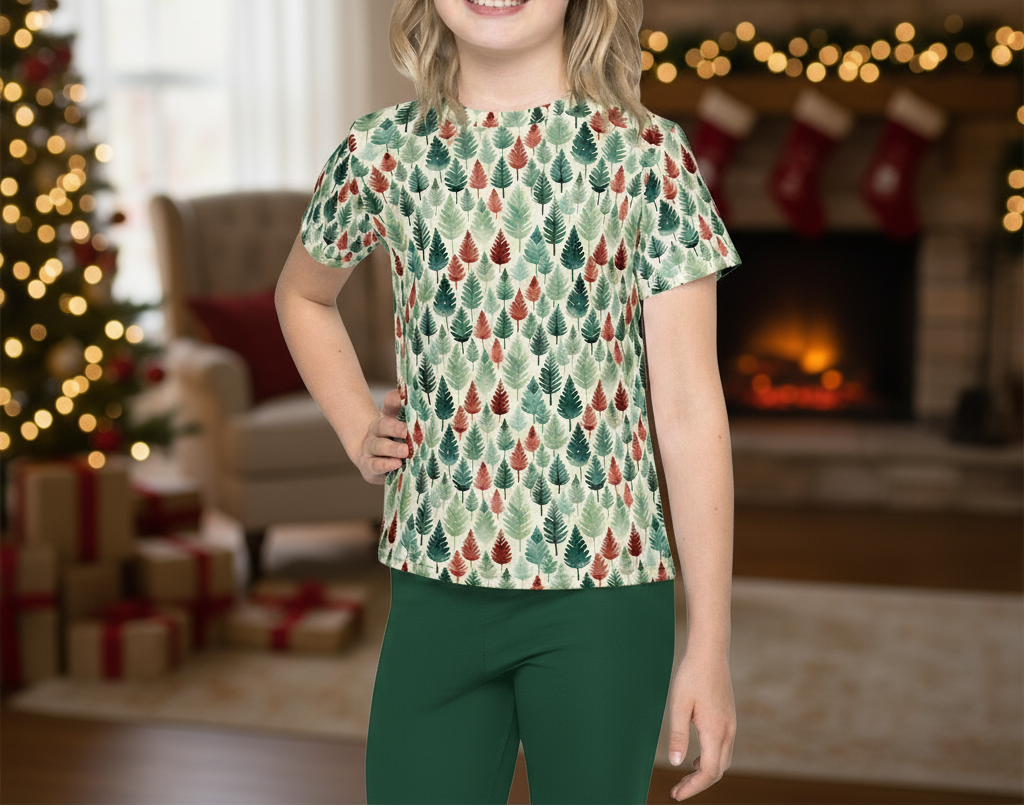 Young girl wearing a festive shirt with a Christmas tree pattern in a decorated living room.