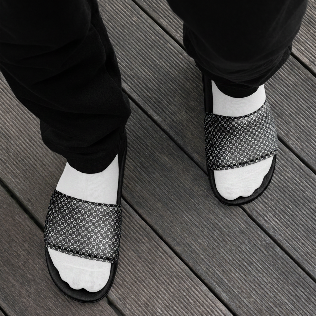 Black and white patterned sandals on a wooden floor