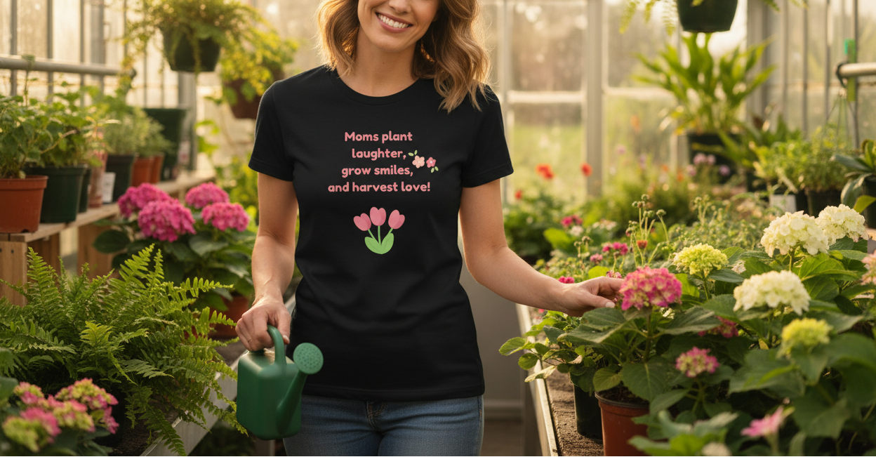 Woman in a greenhouse wearing a black t-shirt with a motivational quote, holding a green watering can.