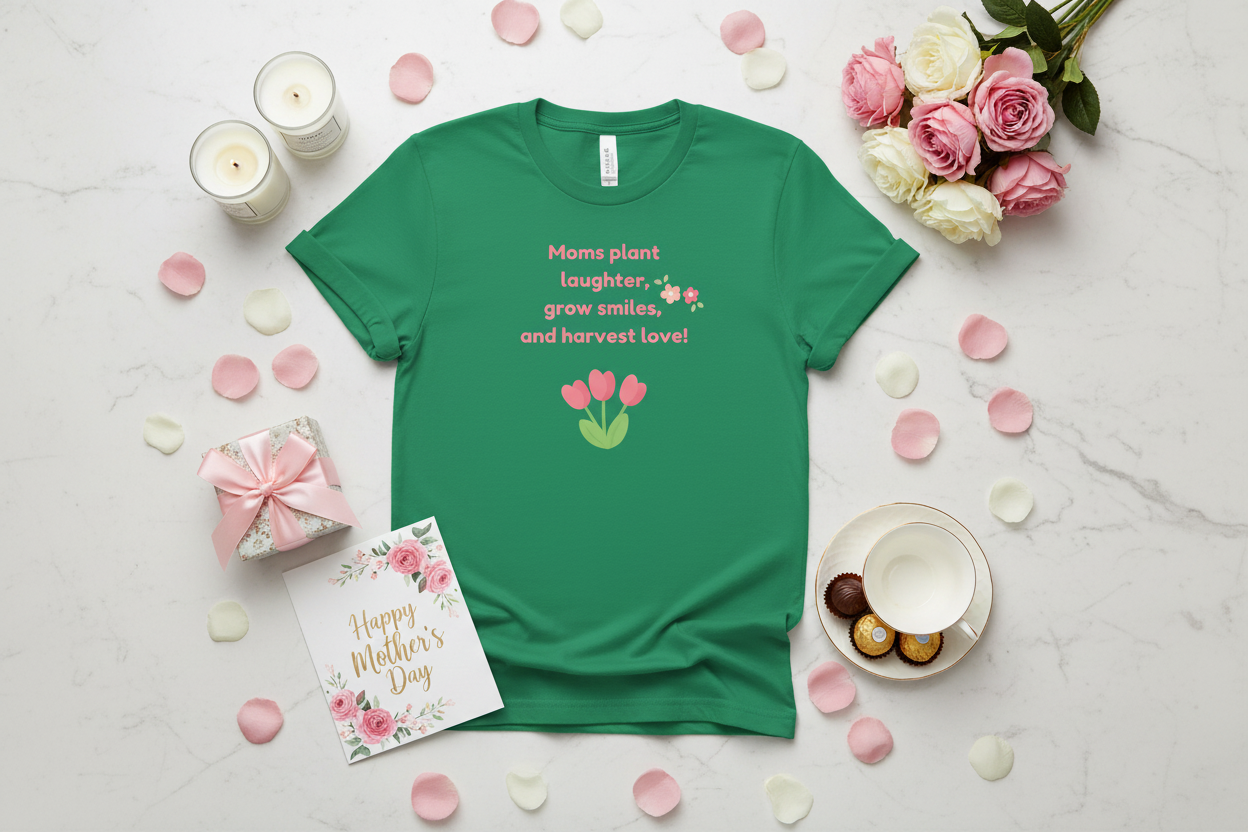 Green t-shirt with a Mother's Day message on a decorative surface with flowers and candles.