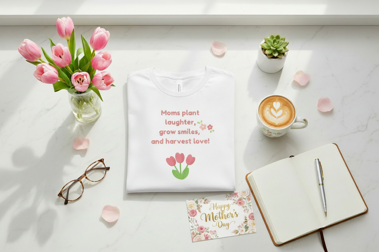 White sweatshirt with pink tulip design and text on a white surface with flowers, coffee, and notebook.
